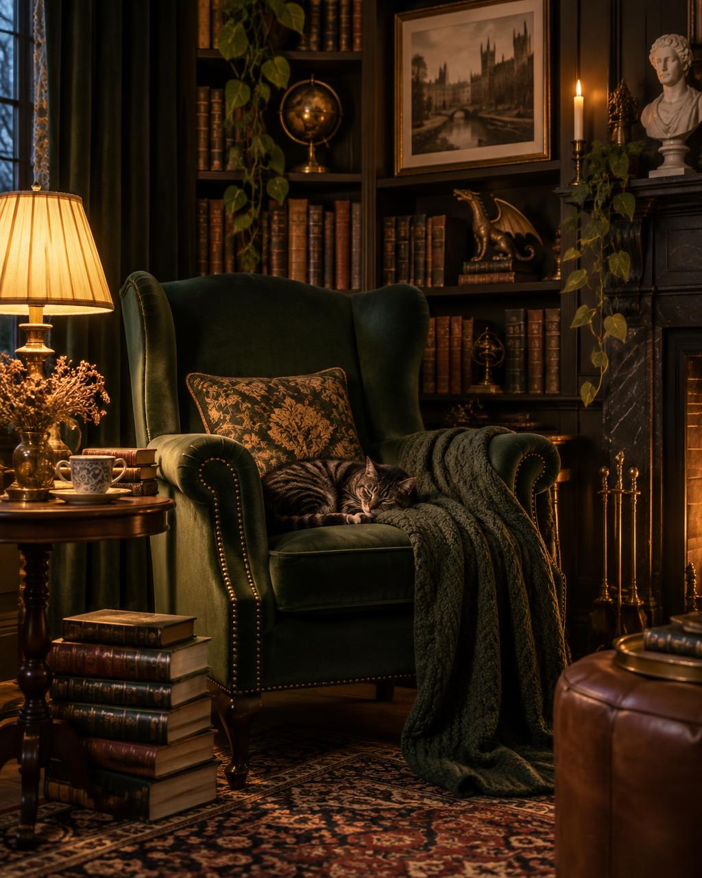 A cozy green reading chair surrounded by stacks of books and a small dragon figurine
