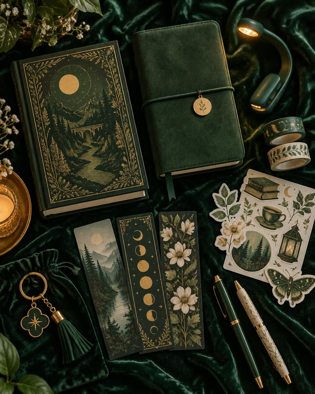 A hand curated bookish bundle laid out on dark green velvet