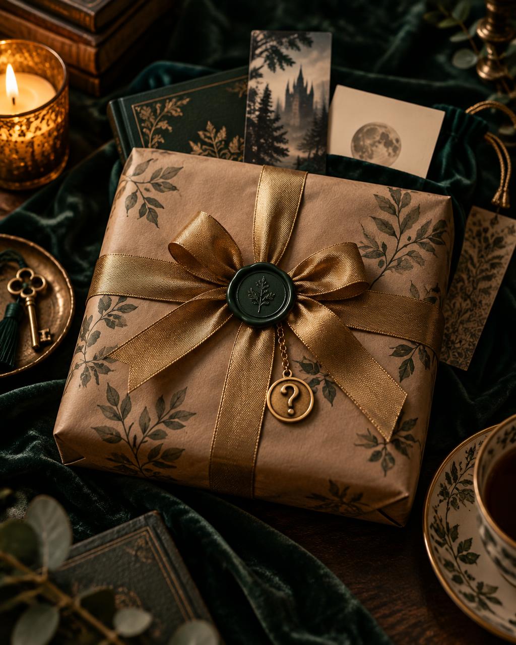 A hand curated bookish bundle laid out on dark green velvet